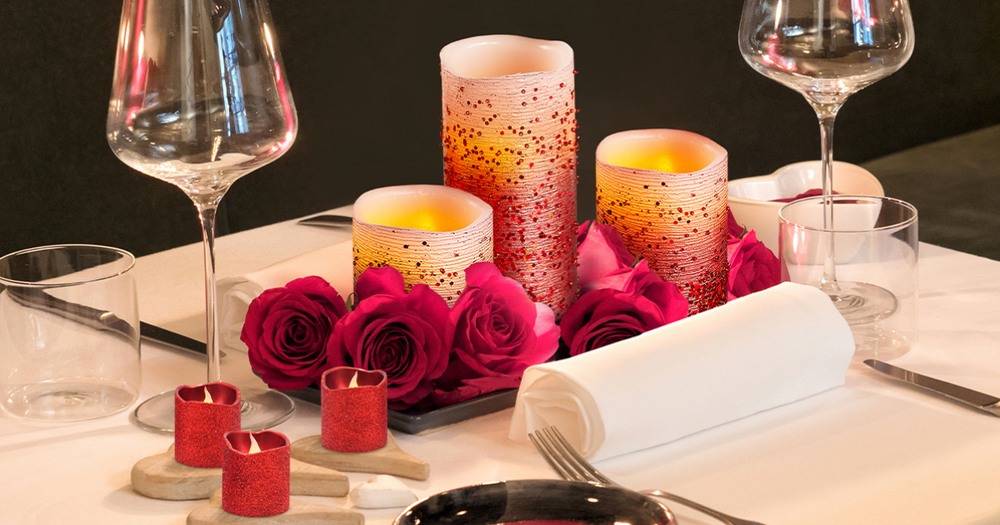 Romantic Dinner setting with Furora LIGHTING Flameless LED Candles.