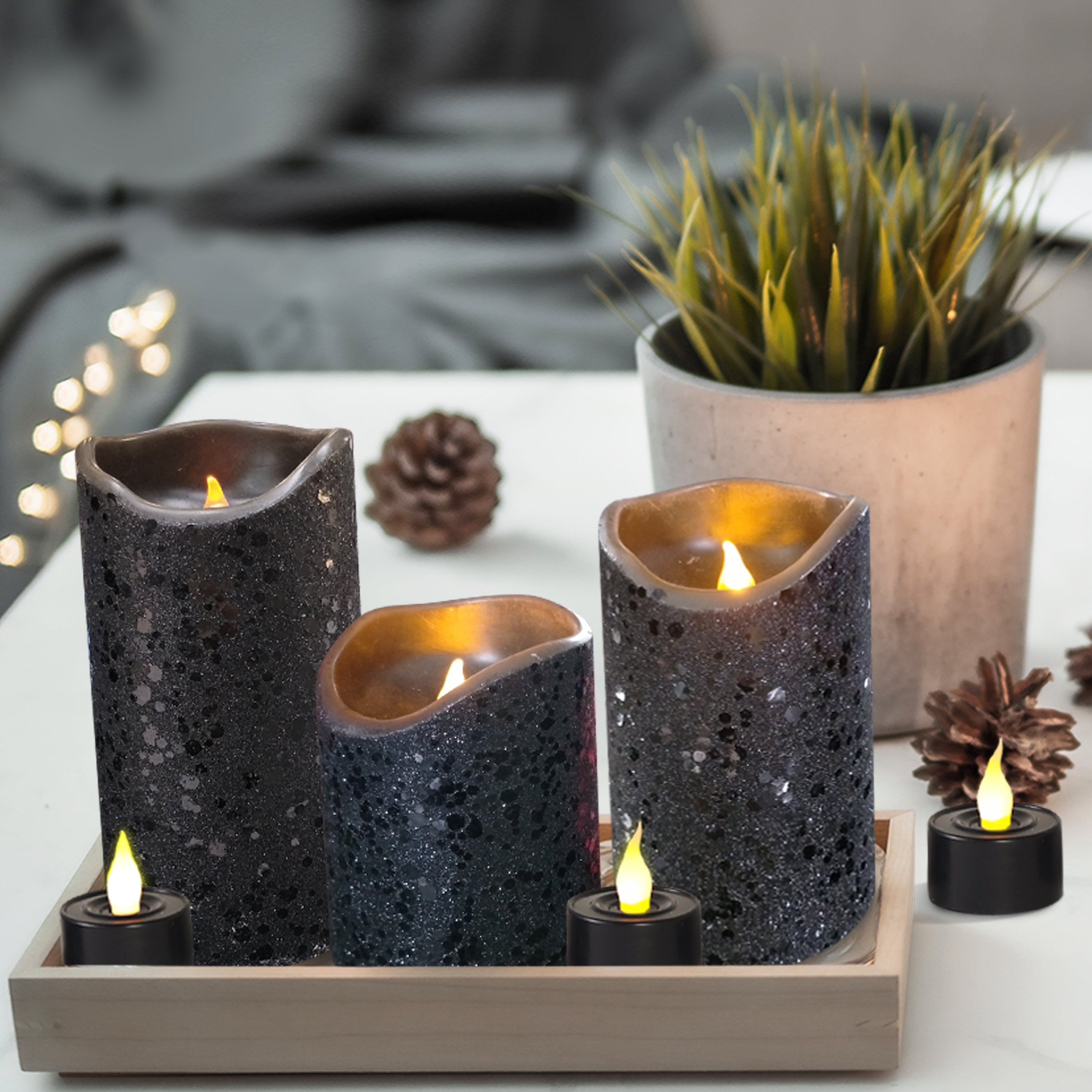 Flame less tea light candles black glitter sparkle warm ambiance set of offers 6