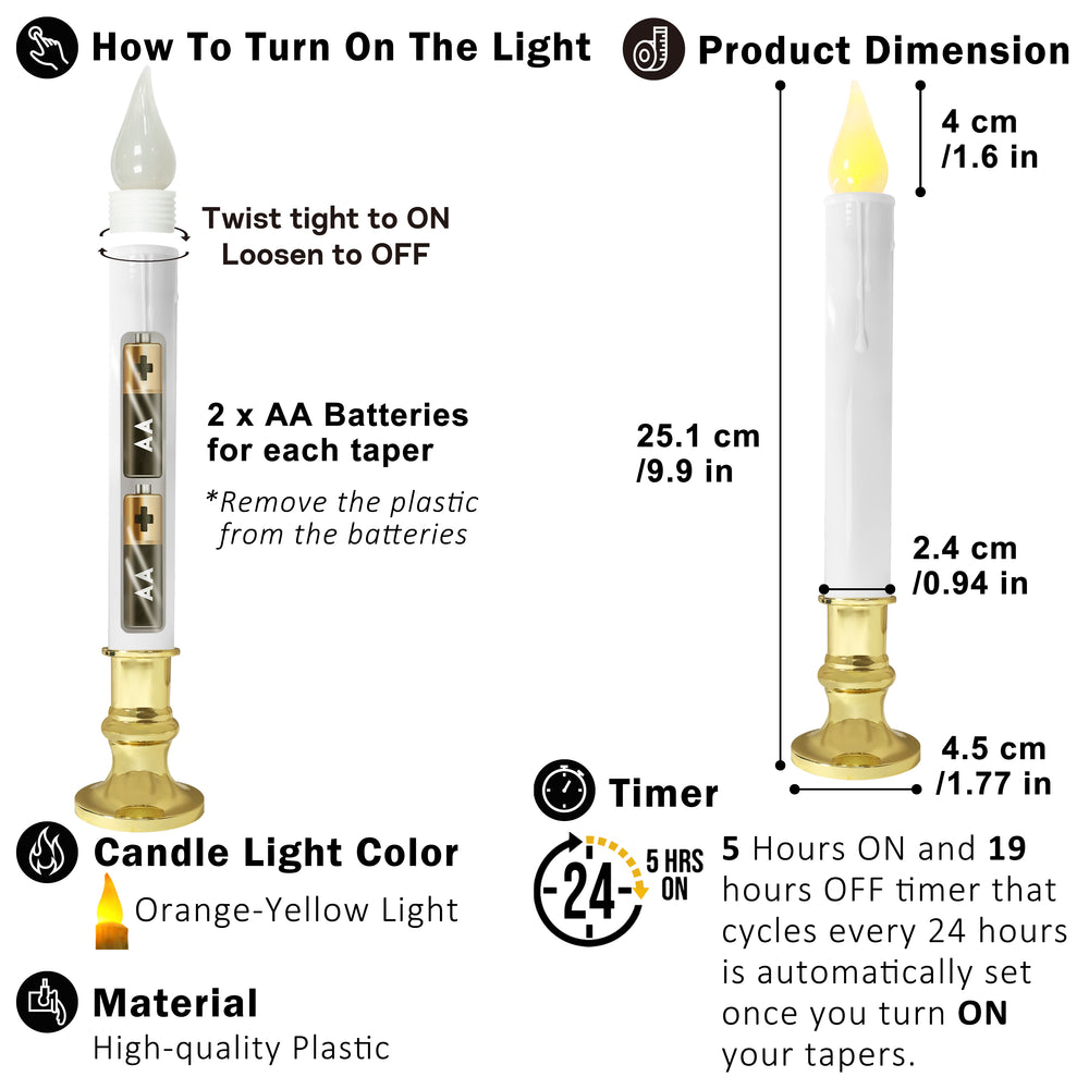 
                      
                        White taper with gold holders
                      
                    