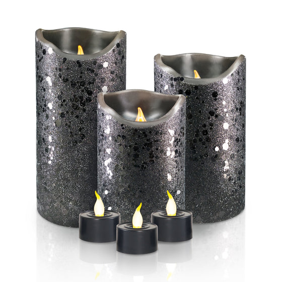 Black Glittery Real Wax LED Candles, 6 Pack